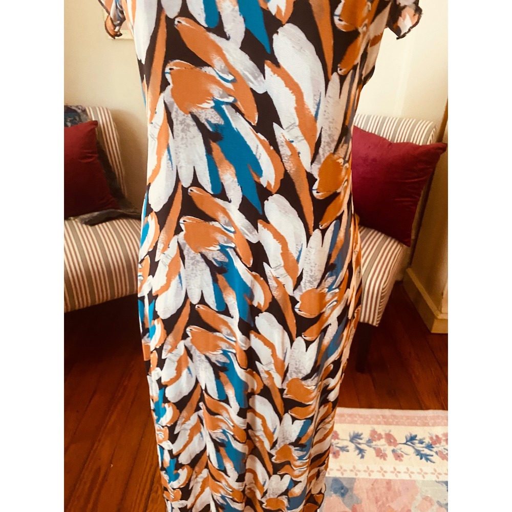 Ember dress med Brushstroke Flutter Sleeve Midi Rust Teal Blue Slit Mesh Overlay - Picture 5 of 7